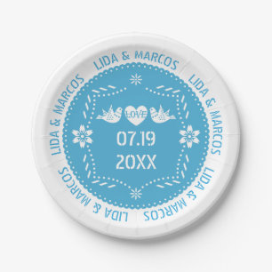 Prato De Papel Casamento mexicano azul dos pássaros do amor do