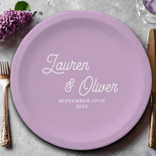 Prato De Papel Casamento Minimalista de Leilac Purple Script Eleg
