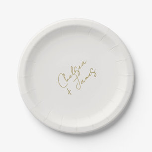 Prato De Papel Casamento Minimalista de Script Verde Branco e Ole