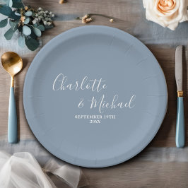 Prato De Papel Casamento Minimalista Dusty Blue Script