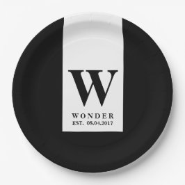 Prato De Papel Casamento Minimalista | Monograma Preto Contemporâ