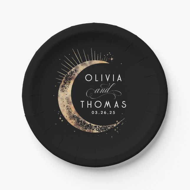 Prato De Papel Casamento Místico Celestial Preto e Dourado (Frente)