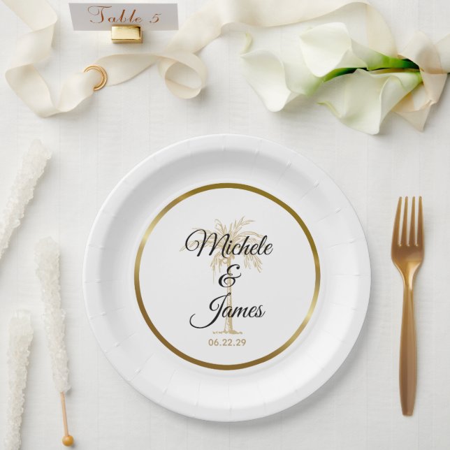 Prato De Papel Casamento Moderno da Árvore Dourada Elegante (Casamento)