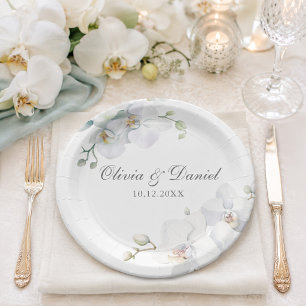 Prato De Papel Casamento Moderno e Elegante de Orquídea Branca