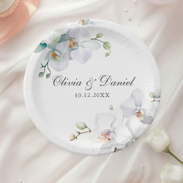 Prato De Papel Casamento Moderno e Elegante de Orquídea Branca