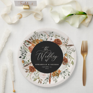 Prato De Papel Casamento moderno elegante rústico floral preto