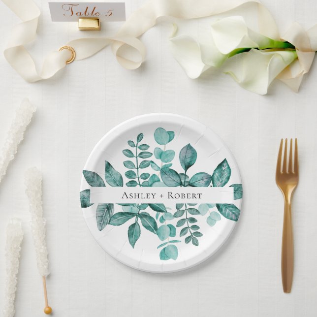 Prato De Papel Casamento Moderno Elegante Teal Greenery Watercolo (Casamento)