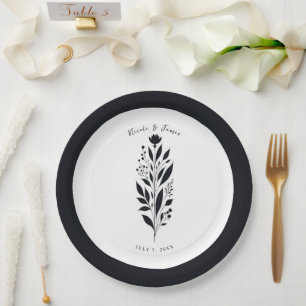Prato De Papel Casamento Moderno Vintage Floral Alto Preto e Bran