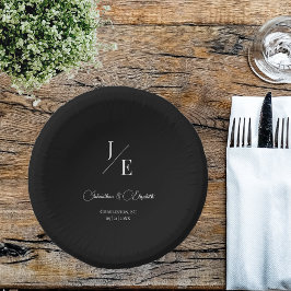 Prato De Papel Casamento Monograma Minimalista | Preto