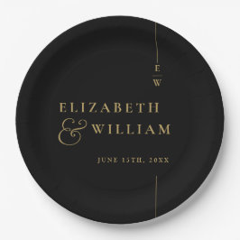 Prato De Papel Casamento Monograma Minimalista Preto e Dourado