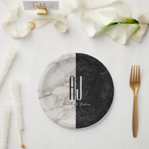 Prato De Papel Casamento Monograma Preto Branco Moderno