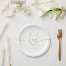 Prato De Papel Casamento Monograma Simples Branco e Dourado