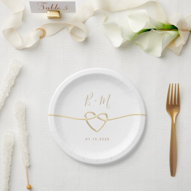 Prato De Papel Casamento Monograma Simples Branco e Dourado (Casamento)