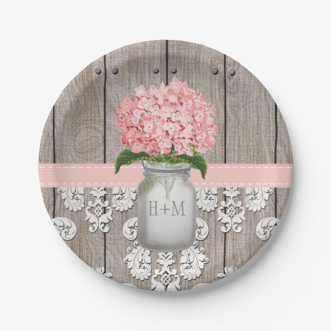 Prato De Papel Casamento Monogrammed Mason Jar Pink Hydrangea (Frente)