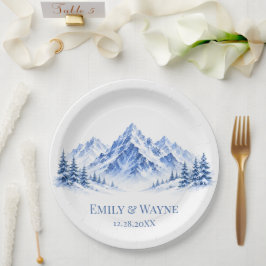 Prato De Papel Casamento Montanhas Água Neve Azul Aquarela