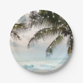 Prato De Papel Casamento na Praia Tropical com Palmeiras e Luzes