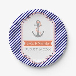 Prato De Papel Casamento náutico com âncora de coral branco, azul
