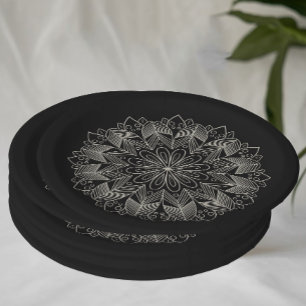 Prato De Papel Casamento Negro Chic Boho Indiano Elegante Mandala
