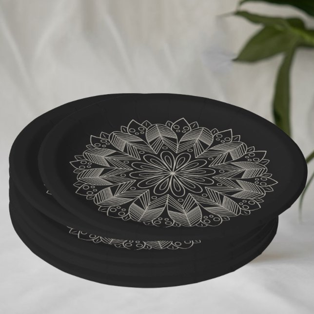 Prato De Papel Casamento Negro Chic Boho Indiano Elegante Mandala (Criador carregado)