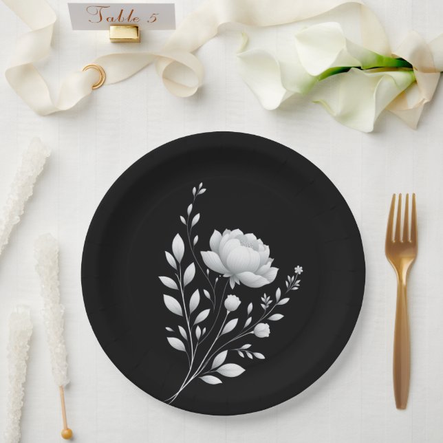 Prato De Papel Casamento Negro e Branco Elegante Moderno (Casamento)