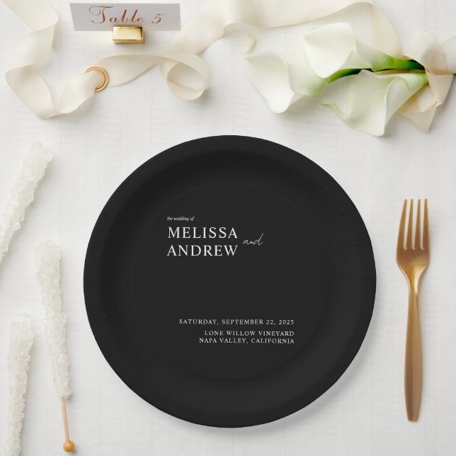 Prato De Papel Casamento Negro e Branco minimalista elegante (Casamento)