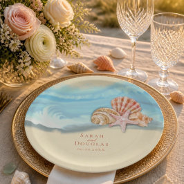 Prato De Papel Casamento Onda do Oceano Azul Romântica & Conchas