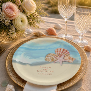 Prato De Papel Casamento Onda do Oceano Azul Romântica & Conchas