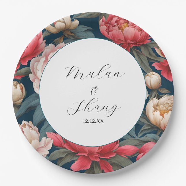Prato De Papel Casamento Oriental de Pêonias Brancas e Rosa (Frente)