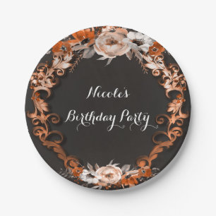 Prato De Papel Casamento Outono Floral Laranja Elegante