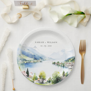 Prato De Papel Casamento Paisagem Aquarela Lungern Suíça