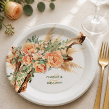 Prato de Papel Casamento Peach Roses & Driftwood