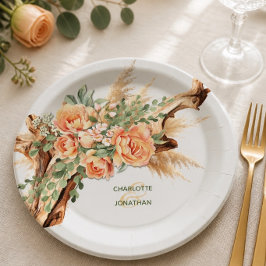 Prato de Papel Casamento Peach Roses & Driftwood