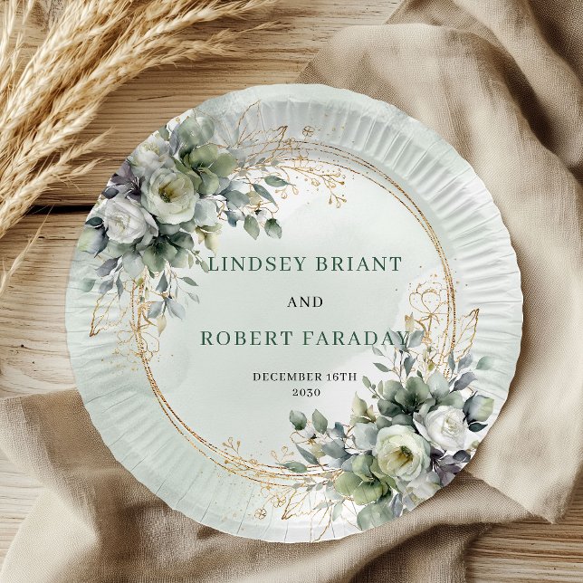 Prato De Papel Casamento Personalizado com Eucalipto em Verde e D (Boho Green Gold Personalized Eucalyptus Wedding Plates)