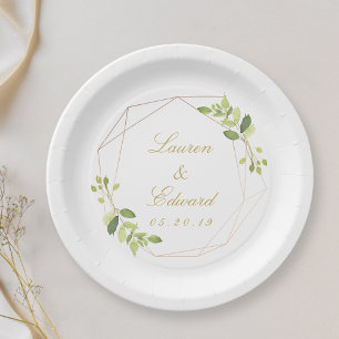 Prato De Papel Casamento Personalizado com Vegetação Geométrica M