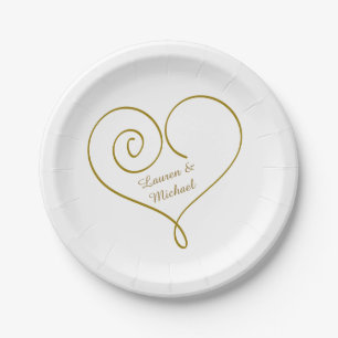 Prato De Papel Casamento Personalizado do Coração Dourado