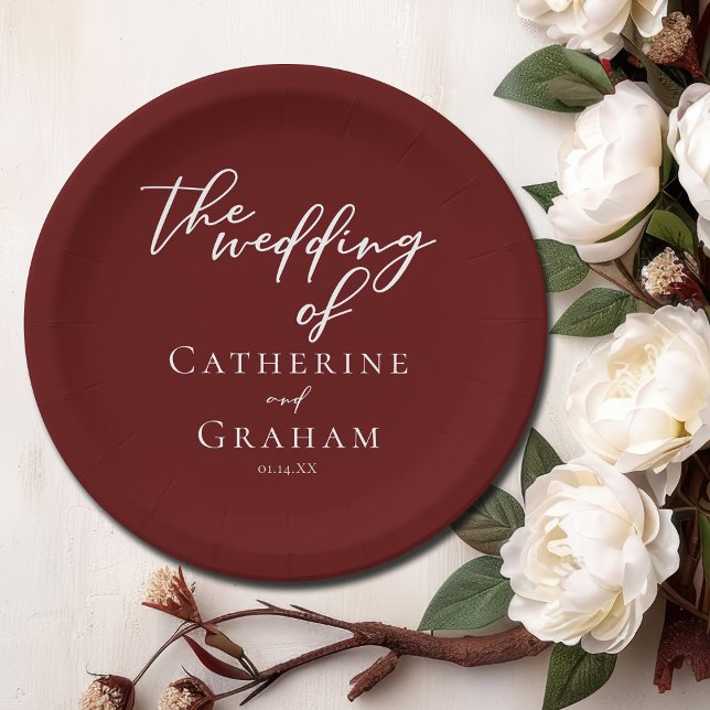 Prato De Papel Casamento Personalizado do Script Branco Elegante  (Criador carregado)