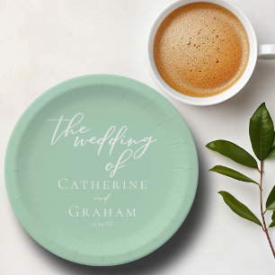 Prato De Papel Casamento Personalizado do Script Branco Verde da 