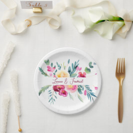 Prato De Papel Casamento personalizado floral de aquarela rosa e