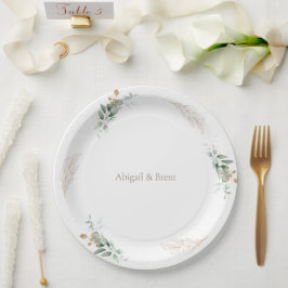 Prato De Papel Casamento Personalizado Folhagem Branco e Dourado