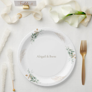 Prato De Papel Casamento Personalizado Folhagem Branco e Dourado