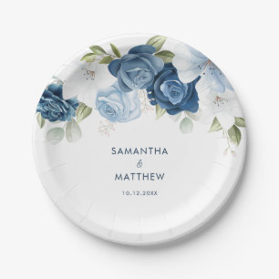 Prato De Papel Casamento Personalizado Moderno Floral Azul Dusty