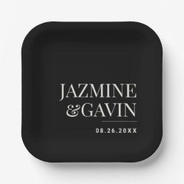 Prato De Papel Casamento Personalizado Moderno Minimalista Negro