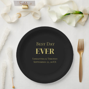 Prato De Papel Casamento Personalizado Preto Dourado Melhor Dia J