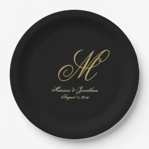 Prato De Papel Casamento Preto com Script Monograma Dourado Chic