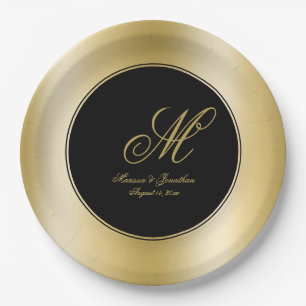Prato De Papel Casamento Preto com Script Monograma Dourado Elega