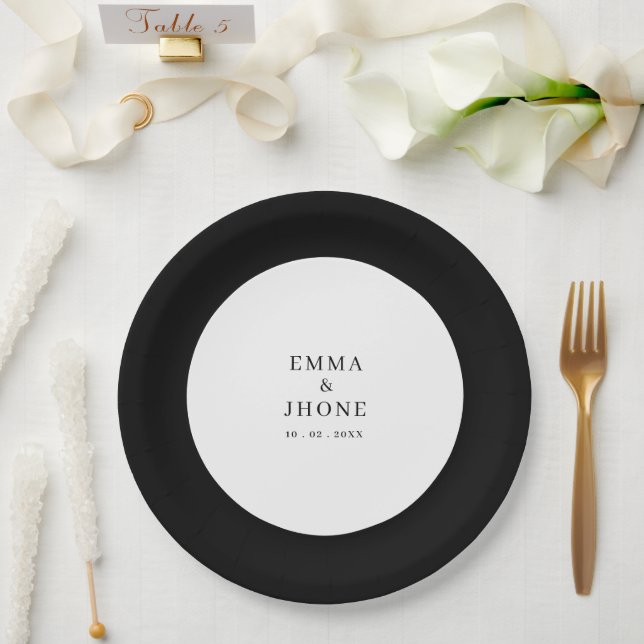 Prato De Papel Casamento Preto e Branco Editorial Moderno  (Casamento)