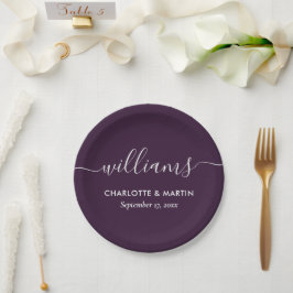Prato De Papel Casamento Púrpura de Script Moderno Elegante Simpl