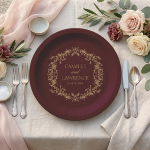 Prato De Papel Casamento Quadro Floral Toile Champagne Borgonha