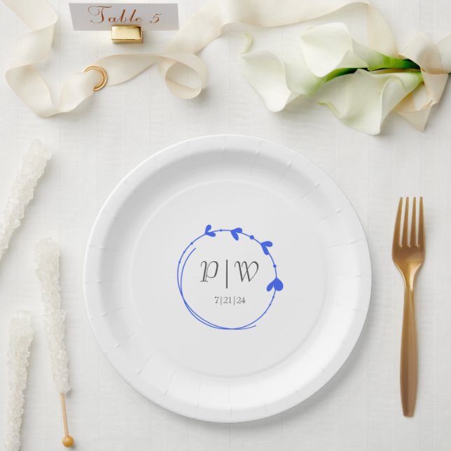 Prato De Papel Casamento Real Blue Simple Heart Wreath Monogramas (Casamento)