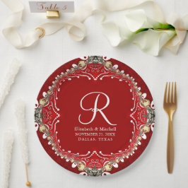 Prato De Papel Casamento Red Bohemian Batik Monograma V2